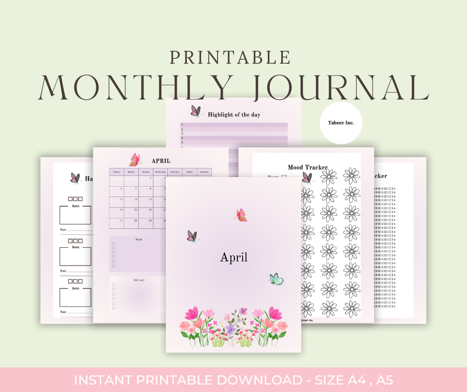 April Journal Bundle - Butterflies- PRINTABLE Journal Pages - PRE-COLOURED Pages - April Planner - April Agenda - Printable Planner
