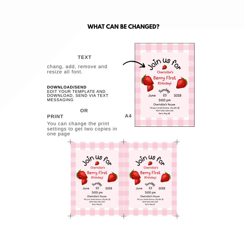 First Birthday Editable Berry First Strawberry Birthday Invitation evite pink gingham , Red Strawberry Birthday Invite, Berry Sweet Birthday Invitation Template