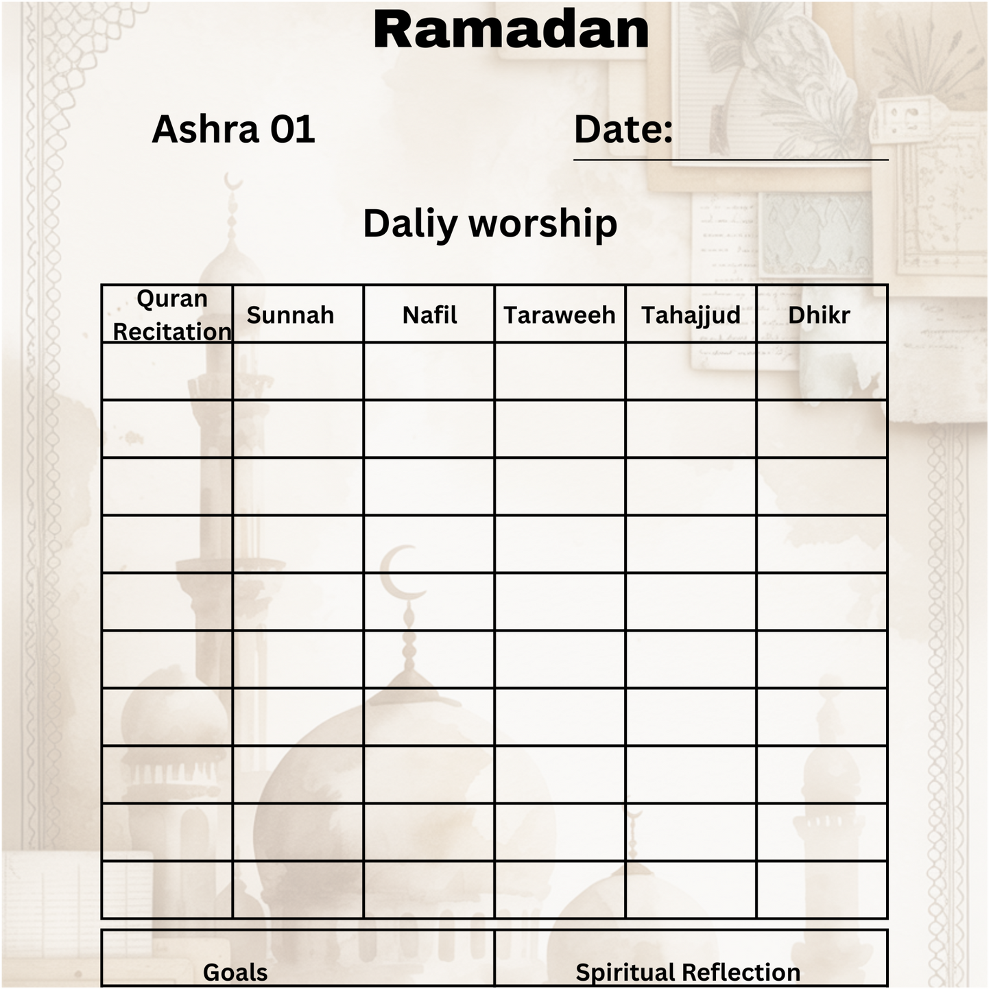 Ramadan daily worship planner with prayer times and reflection sections on a textured background