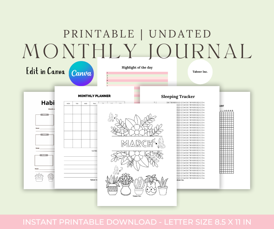2025 March journal bundle printable and canva editable, canva journal template,
