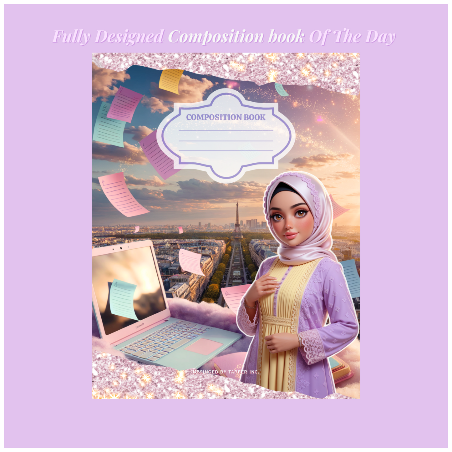 Composition book cover with a colorful design on the cover, featuring a girl with a laptop and cityscape. Composition Notebook Cover designed by tabeer inc.