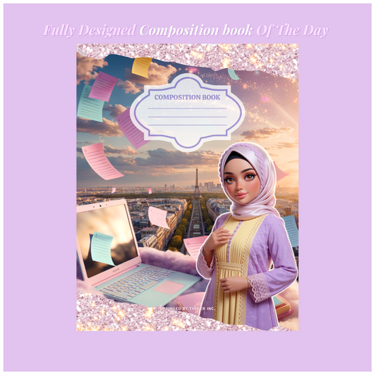 Composition book cover with a colorful design on the cover, featuring a girl with a laptop and cityscape. Composition Notebook Cover designed by tabeer inc.