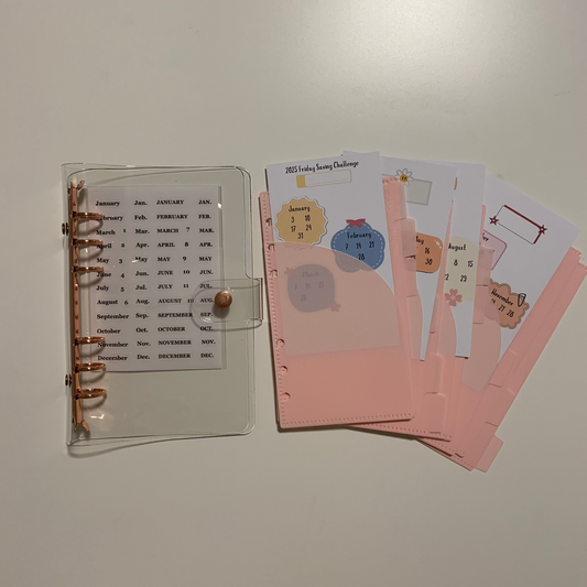 2025 Budget Friday Savings Challenge, Cute Cash Stuffing Tracker and envelopes