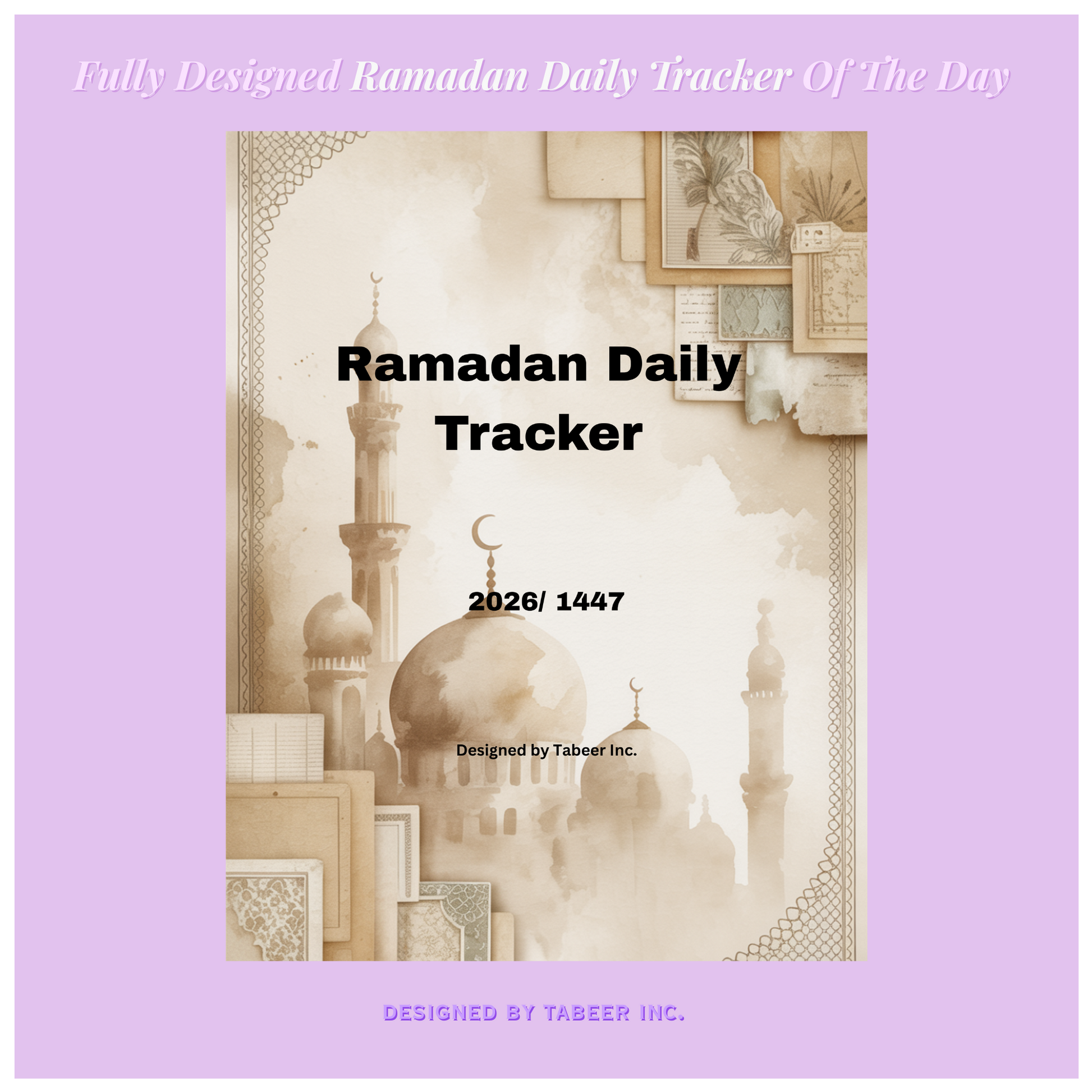 Ramadan Daily Tracker book cover with a purple border and mosque illustration