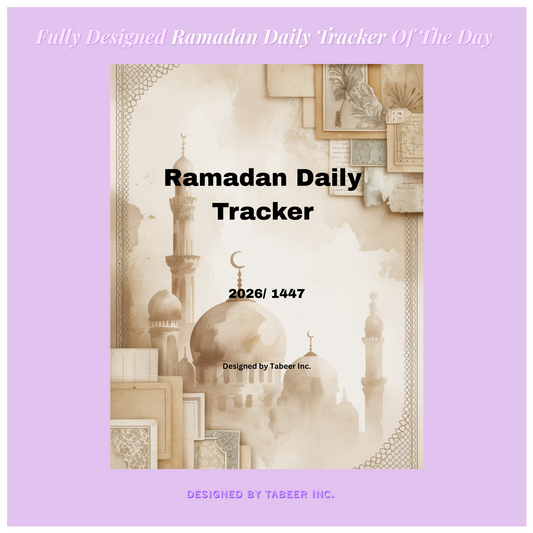 Ramadan Daily Tracker book cover with a purple border and mosque illustration