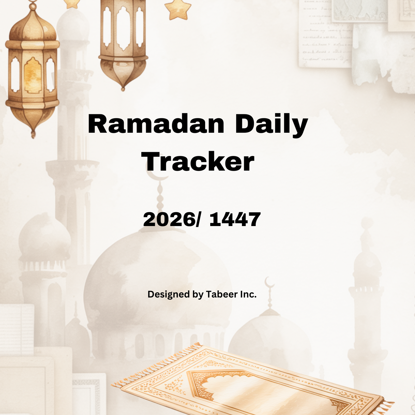 Cover of a Ramadan Daily Tracker with Islamic design elements on a light background