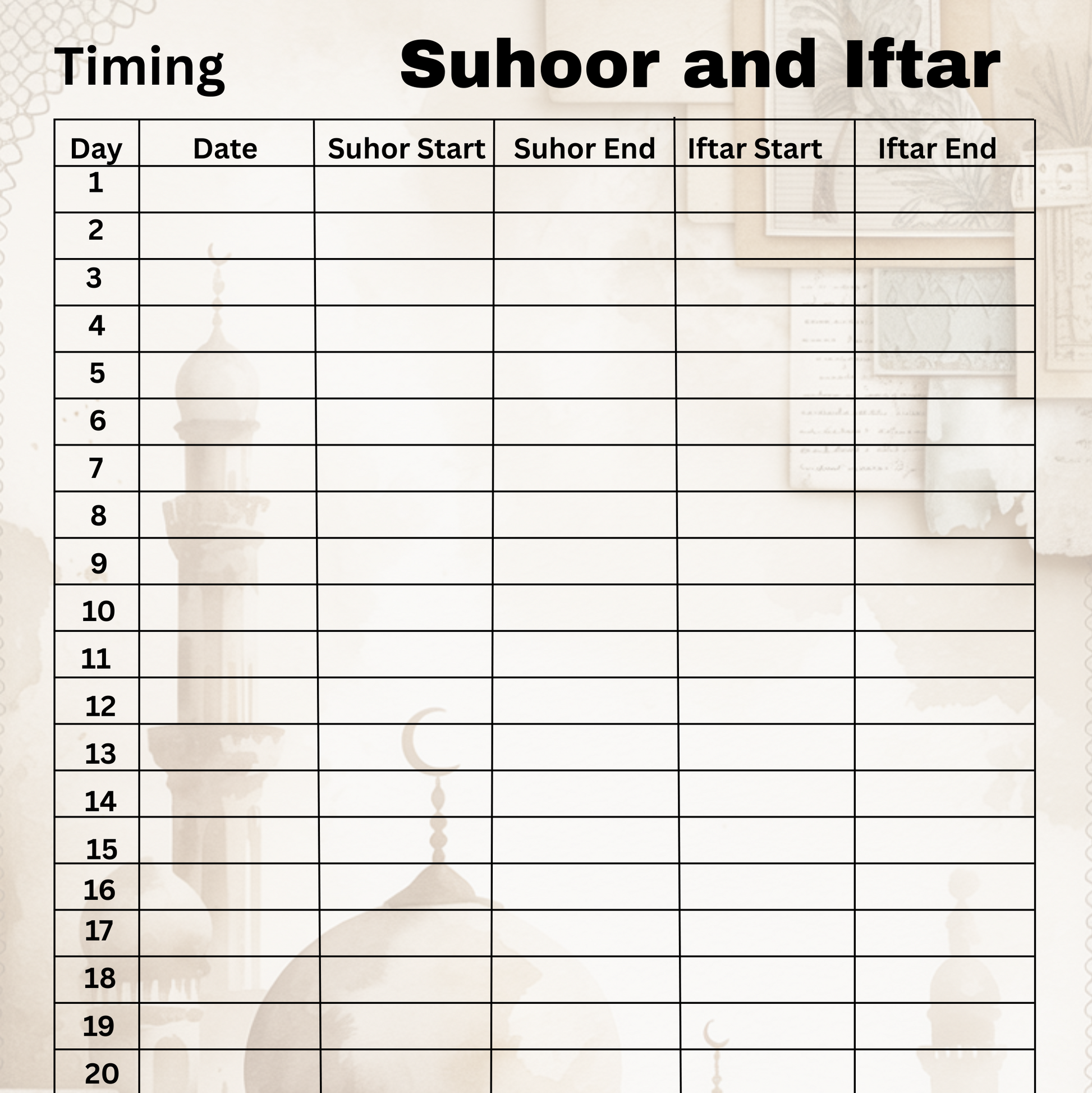 Calendar for timing Suhoor and Iftar with a light background